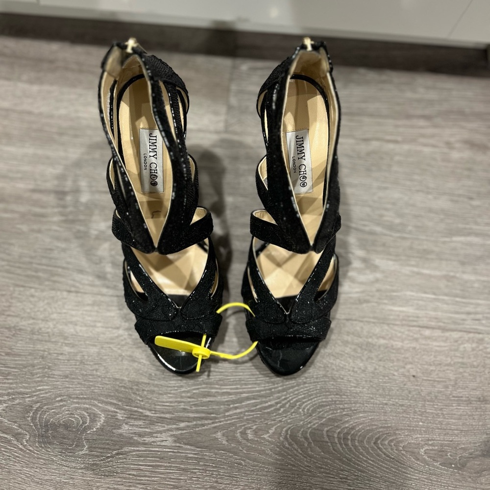 JIMMY CHOO Black Glitter Lace Cage Cut Out Heels Sandals Sz 40.5 - Picture 2 of 8
